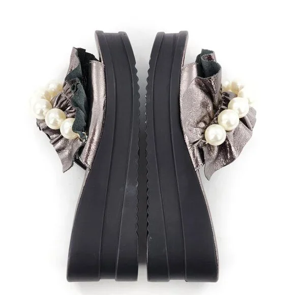 NORKA Silver Leather Ruffle Platform Wedge Slide Sandals With Pearls - Picture 8 of 9